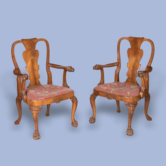 A Pair of George I Style Walnut Lowback Open Armchairs